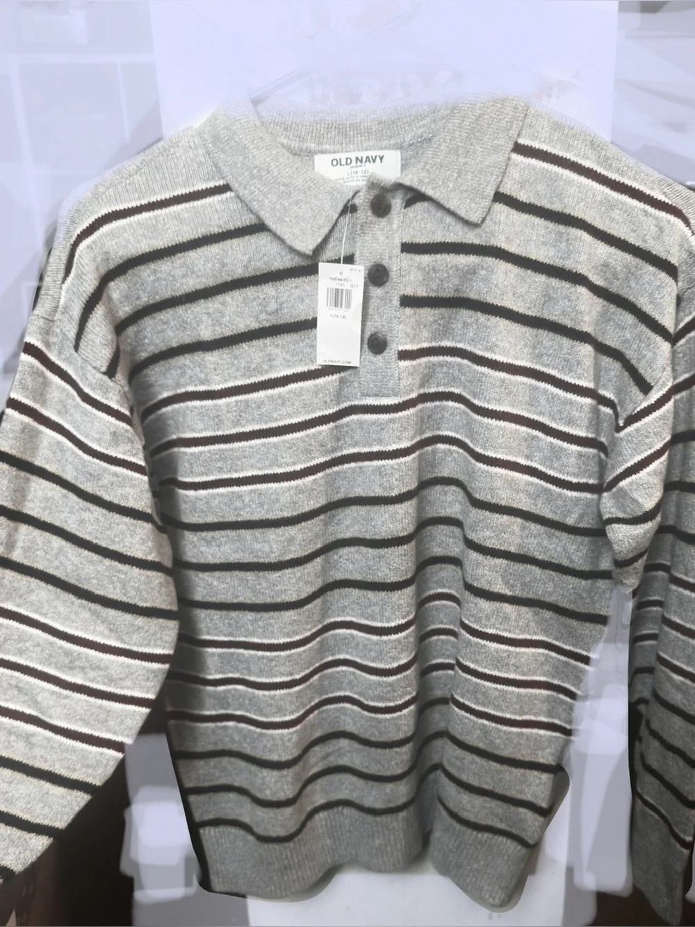Old Navy Gray Striped Polo Sweater with Red/white and Green/tan Accents